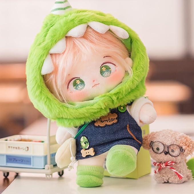 CALEMBOU 20cm Plush Doll, Cute Soft Stuffed Dress up Doll with Skeleton, Kawaii Plush Toys for Birthday with Clothes (Taoyaoyao + Dinosaur Exodus Set)