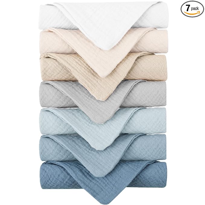Konssy Baby Muslin Washcloths 7-Pack, 100% Cotton Baby Bath Washcloths, Soft & Absorbent Wash Cloths and Burp Cloths for Newborn Kids Girls & Boys, 11x11 inches