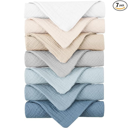 Konssy Baby Muslin Washcloths 7-Pack, 100% Cotton Baby Bath Washcloths, Soft & Absorbent Wash Cloths and Burp Cloths for Newborn Kids Girls & Boys, 11x11 inches