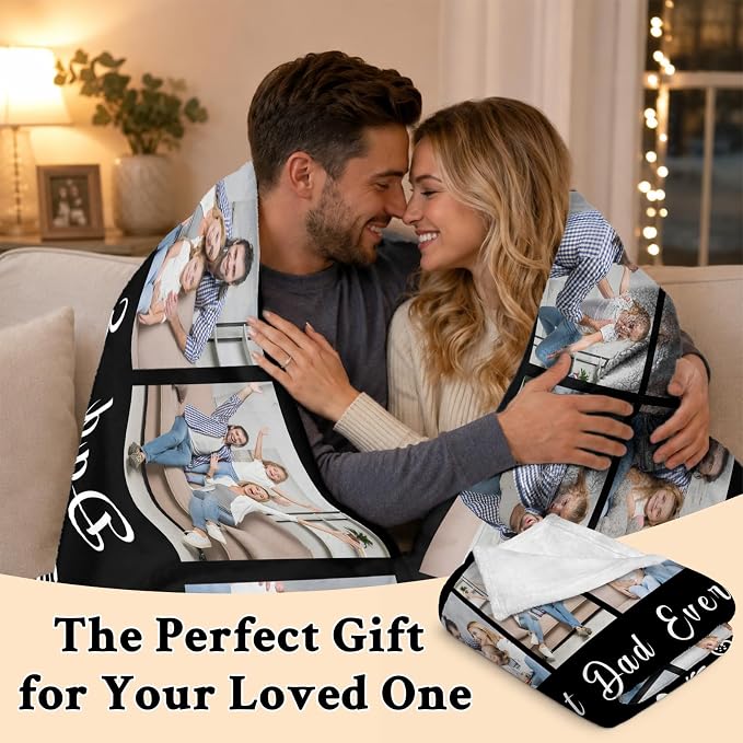 Fathers Day Birthday Gift for Dad Custom Blanket with 9 Photo & Text, Personalized Blankets with Picture to My Dad, HD Printing Customized Flannel Throw Blanket Gifts for Best Daddy Grandpa Ever