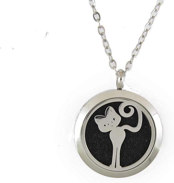 Aromatherapy Essential Oil Diffuser Stainless Steel 30MM Silver Magnetic Locket Pendant 2 Sizes Chain Necklace, Colored Refill Pads & Diffuser Bracelet in a Velvet Bag (fbastandingskinnycat)