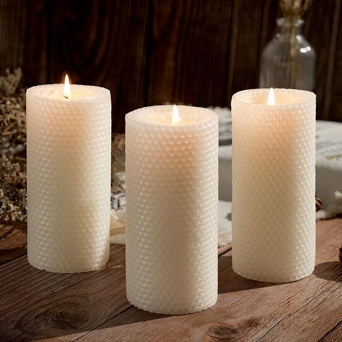 2 Pack Beeswax Pillar Candles, White Hand-Rolled Beeswax Candles-90 Hours Long Burning, Handcrafted Honeycomb Bees Wax for Home, Bee Themed Gifts for Candle Lovers (2.8x6 in)