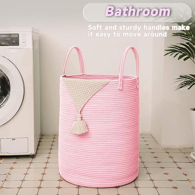 JMvicyroam 60L Cotton Rope Laundry Basket Hamper, Pink | Collapsible laundry basket, reinforced handles, freestanding, machine washable, holds 3-5 thick blankets, clothes or toys