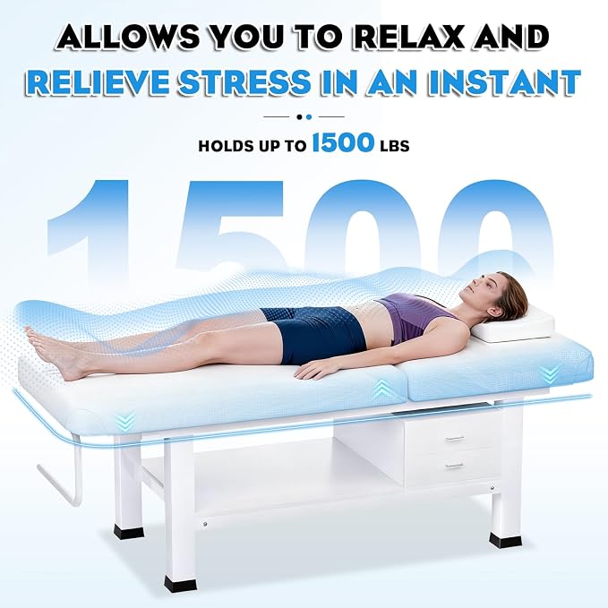 Heavy Duty Frame Professional Massage Table with Adjustable Backrest & Height Legs & Face Pillow, PU Leather, for Treatment,Physical Therapy,Spa Facial Professional Massage (Wood/With Drawers, White)
