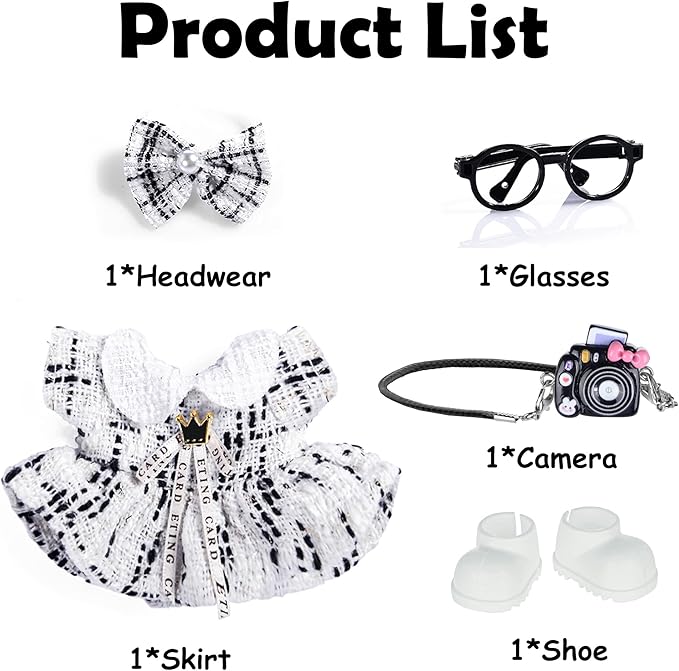 Fashion 17cm Chic Doll Clothes Accessories Set Include: 1 Hairpin, 1 Dress, 1 Glasses, 1 Bag and 1 Shoes for Dress up Your Dolls (Doll Not Included), Chic #White