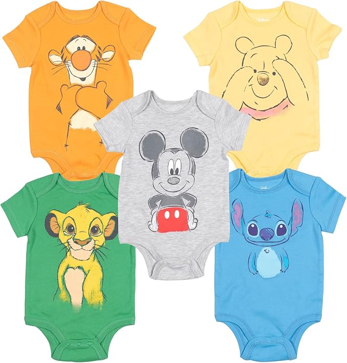 Disney Baby 5 Pack Bodysuits Newborn to Infant Sizes (Newborn - 24 Months)