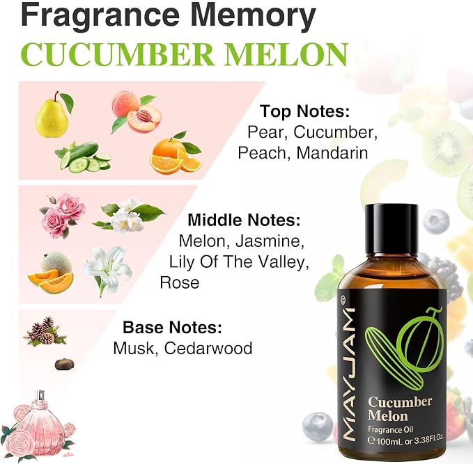 MAYJAM 100ML/3.38FL.OZ Cucumber Melon Fragrance Oils with Glass Dropper, Essential Oils for Diffusers for Home, Long Lasting Scented Oils for Diffusers Soap Candle Making