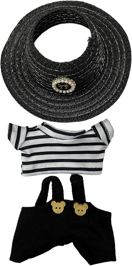 Doll Clothes for 17cm Figures,Black-and-White Striped Top Paired with Black Overalls and a Delicate Woven Hat