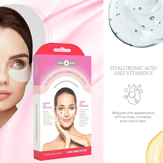 Hyaluronic Acid & Vitamin E Under Eye Patches - Diminishes Dark Circles, Wrinkles & Crow's Feet, De-puffing Under Eye Pads - Cruelty Free Korean Skin Care For All Skin Types - 5 Pairs