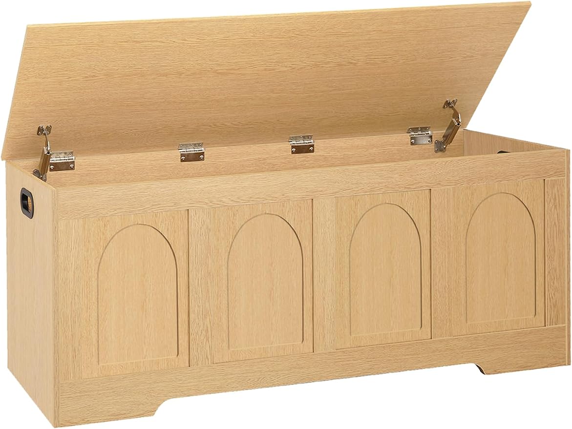 Storage Chest, Wooden Toy Box with Lid, Natural 47.2" L | Entryway Shoe Bench, 2 Soft-close Hinges, Finger-safe Flip-Top Lid, Easy Assembly, Farmhouse Large Trunk, Living Room/Bedroom