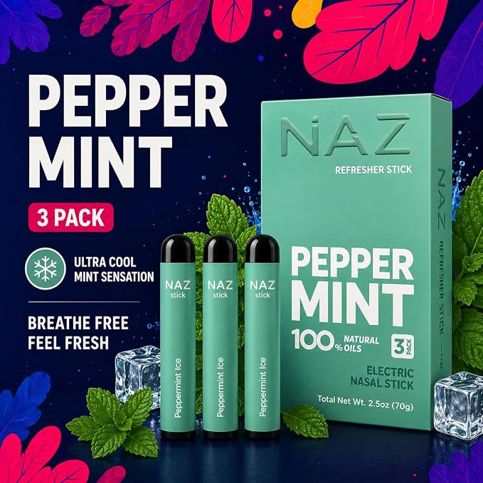 Naz Menthol Herbal Nasal Stick - Spearmint, Camphor, Eucalyptus Extracts w/Mist Electric Nasal Inhaler for Aromatherapy, ICY Refreshing & Instant Focus Herbal Diffuser Pen - 3Pak