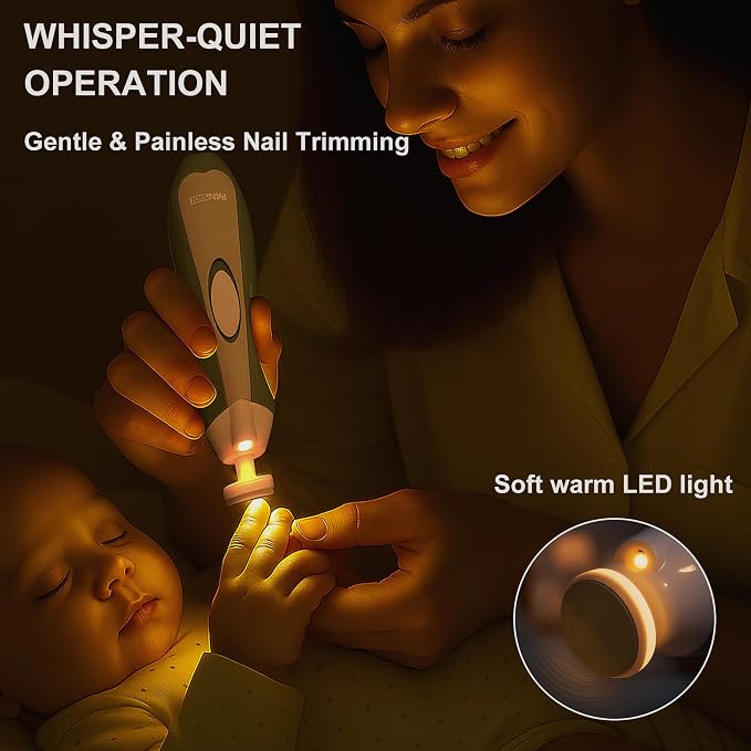 Fansidi Baby Nail Trimmer Electric, Easy & Safe Nail File for Newborn to Toddler, Whisper-Quiet Nighttime Use, Precise 4-Stage Grinding Heads, LED Light, 18-Piece Kit, Forest Green, Baby Shower Gift