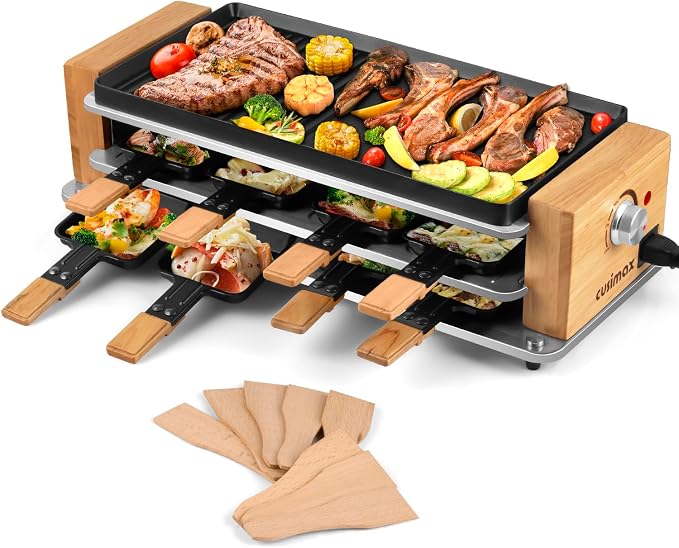 Raclette Table Grill, CUSIMAX Electric Indoor Grill, Korean BBQ Grill, 950W | Removable 2in1 Non-Stick Grill Plate/Temperature Adjustable/8 Cheese Pans & Wooden Spatulas/Wooden Base/Double-layer Design