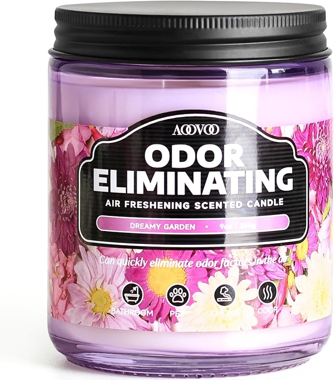 AOOVOO Dreamy Garden Odor Eliminating Highly Fragranced Candle - Eliminates 95% of Pet, Smoke, Food, and Other Smells Quickly, Non Toxic Air Freshing Soy Candle, Up to 50 Hours Burn time