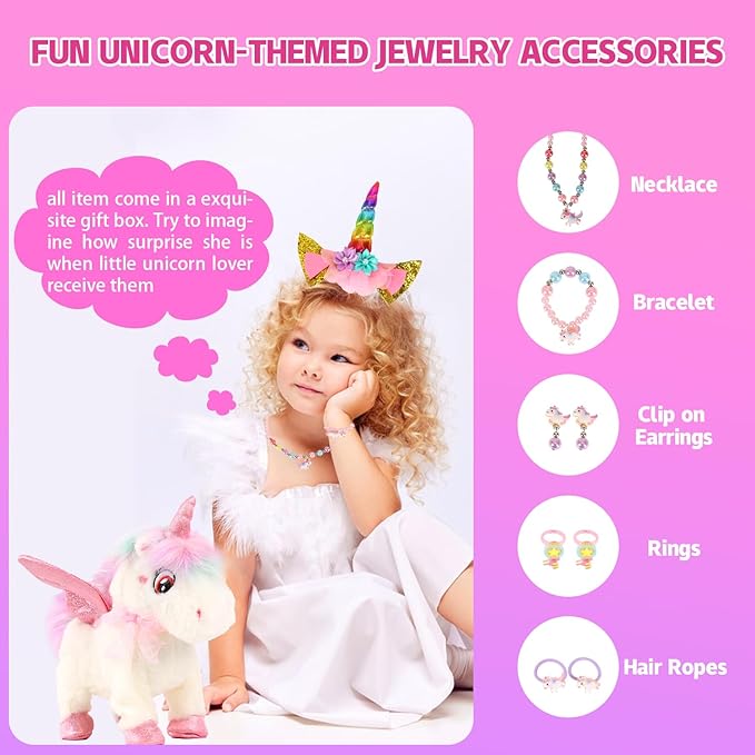 Dollox Electronic Unicorn Pets Toys for Girls Age 3-6, Interactive Walking Talking Plush Horse with Remote Control, Toddler Unicorn Pretend Play Toy with Dress-Up Jewelry Set Kid Birthday Gift