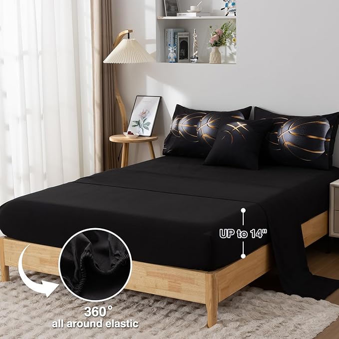 A Nice Night Full Comforter Set 6Pcs Comforter & Sheet Set,3D Phnom Penh Black Basketball Printing Bedding Set,Full