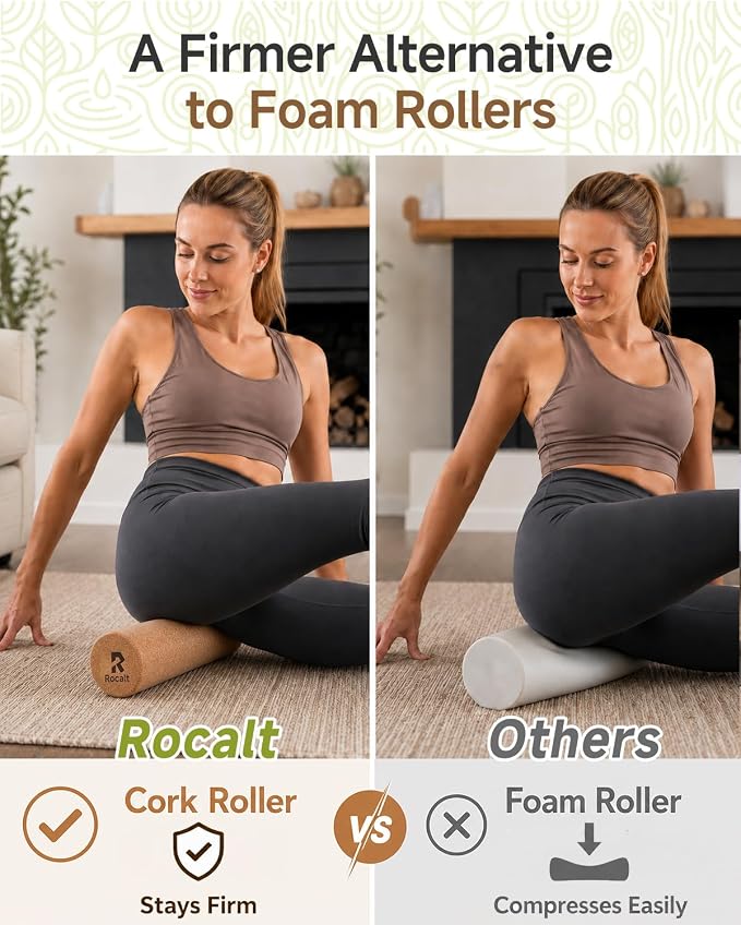 Rocalt Cork Roller 12 Inch, Firm Natural Massage Roller for Feet & Calves | Natural cork, no foam core, firm 4-inch support for targeted rolling at home, gym, yoga, Pilates, and travel