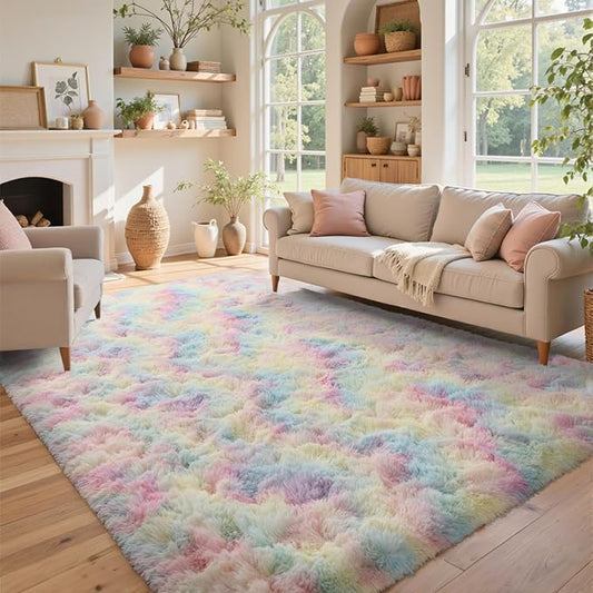 5x7 ft Fluffy Rainbow Area Rug for Bedroom Soft Fuzzy Living Room Rug Non-Slip Shag Rugs Carpet for Nursery Kids Play Room Dorm Office Indoor Modern Plush Carpets