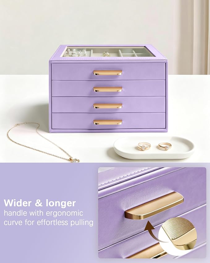 Homeanda Jewelry Boxes Organizer with Glass Lid, 4-Layer PU Leather, Purple | Modern style display case with 4 drawers for daily jewelry, women, mom or girl gift
