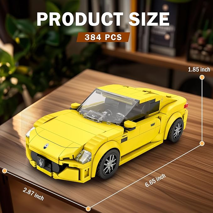 Reobrix Super Sports Car Building Blocks Sets, Classic Collectible Car Model for Adult, Mini Sports Cars Toy Kit for Adult Yellow(384 Pieces)