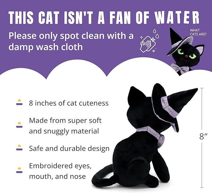 Wanda The Witch Cat - Stuffed Animal | Halloween Decorations & Fall Décor | Surface Washable & Safe Materials | Stuffed Cat for Home Decor - Witch Wanda, 8 Inch