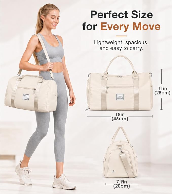 FIORETTO Womens Gym Tote Duffle Bag with Wet Pocket & Shoe Compartment, Sports Duffel Overnight Weekender Hospital Workout Carry on Bag for Girls, Ideal for Travel, Swimming, Dance, Ballet Beige
