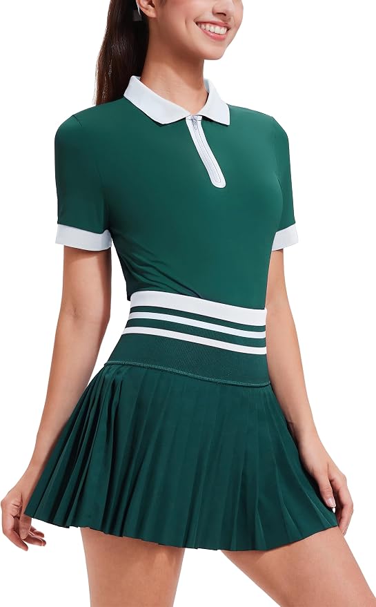 Tennis Skirt Sets for Women Zipper Color Block High Waisted Golf Polo Two Piece Skirt Set Women 2 Piece Outfits
