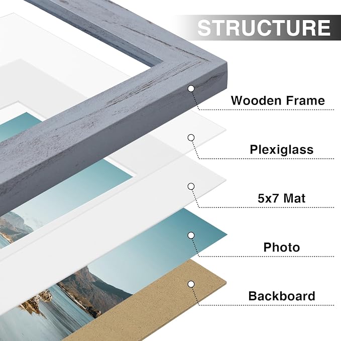 Vittanly 8x10 Picture Frames Set of 9, Wall & Tabletop, Vintage Blue-Gray | Display Pictures 5x7 with Mat or 8x10 without Mat, Small Photo Frames, Engineered Wood with Shatter Resistant Plexiglass