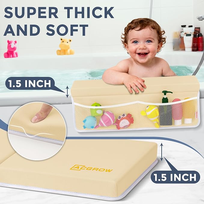 Bath Kneeler and Elbow Rest Pad Set - Comfortable 1.5” Thick Baby Bath Kneeler Pads with Toys Organizer, Non-Slip Knee Arm Support Bathtub Mat, Quick-Drying Kneeling Pad for Baby Bath Time