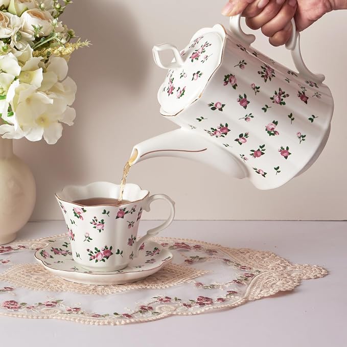 Vintage Floral Tea Pot with Infuser, 45oz, Ceramic Teapot with Tea Strainers for Loose Leaf Tea, Rose Teapots for Tea Party