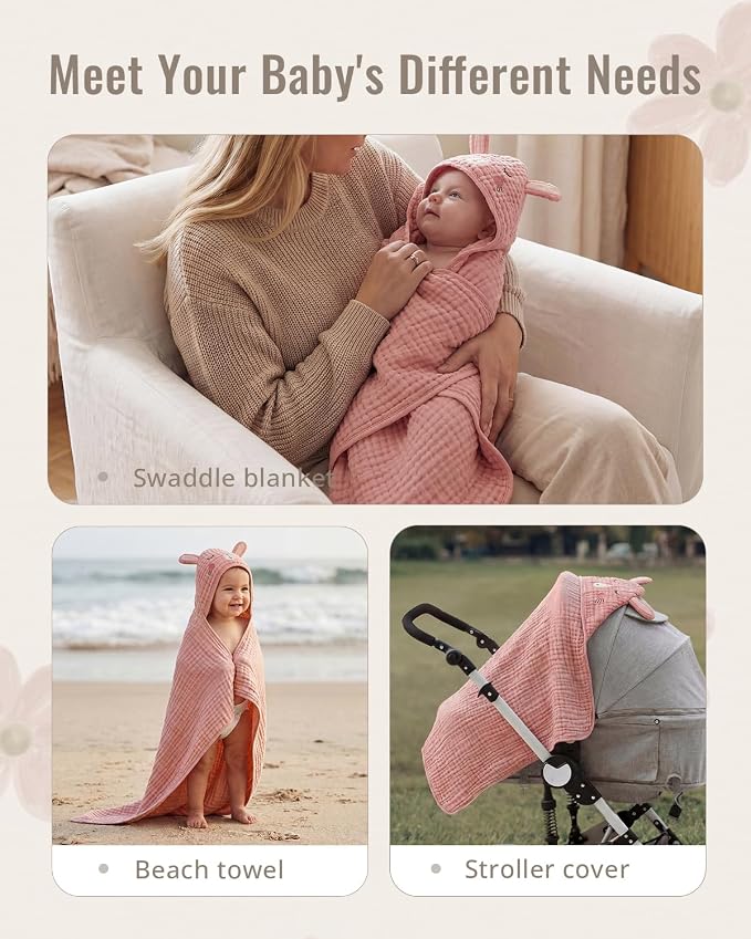 Blissful Diary Muslin Baby Hooded Towel 1 Pack, Soft & Absorbent Bath Towel for Baby Girls, Infant Gift, Newborn Essentials, Sweet Bunny