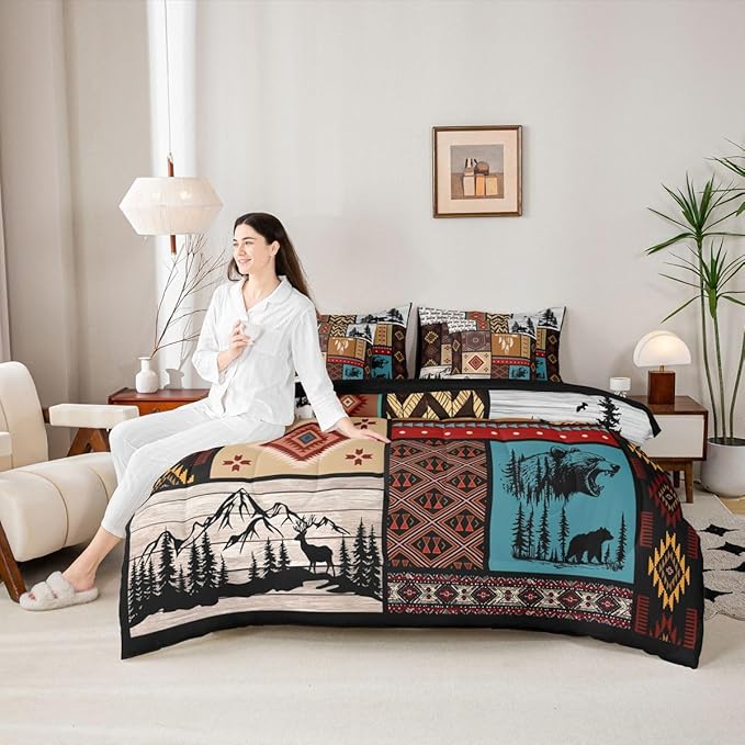 Feelyou Rustic Bear Comforter Set with Sheets 7 Piece King Size Farmhouse Cabin Hunting Deer Bedding Set for Kids Boys Girls Retro Bohemian Bed in a Bag Buffalo Plaid Room Decor Soft Microfiber