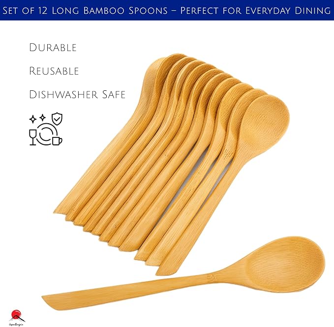 Long Bamboo Soup Spoons Set of 12, 8.5 Inch Wooden Dinner Spoons for Soup Ramen Cereal Rice, Reusable Eco Friendly Bamboo Eating Spoons, Japanese Style Kitchen Tableware