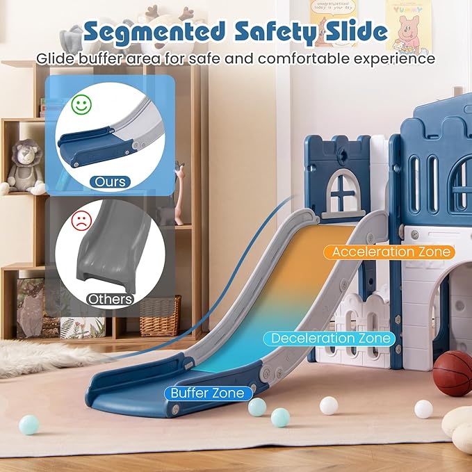 Costzon 8 in 1 Toddle Slide Playset, Freestanding Kids Slide w/Tunnel, Basketball Hoop, Toddler Climber Slide Playset Indoor Playground for Kids 1-3 w/Storage Space, Gifts for Boys Girls (Blue)