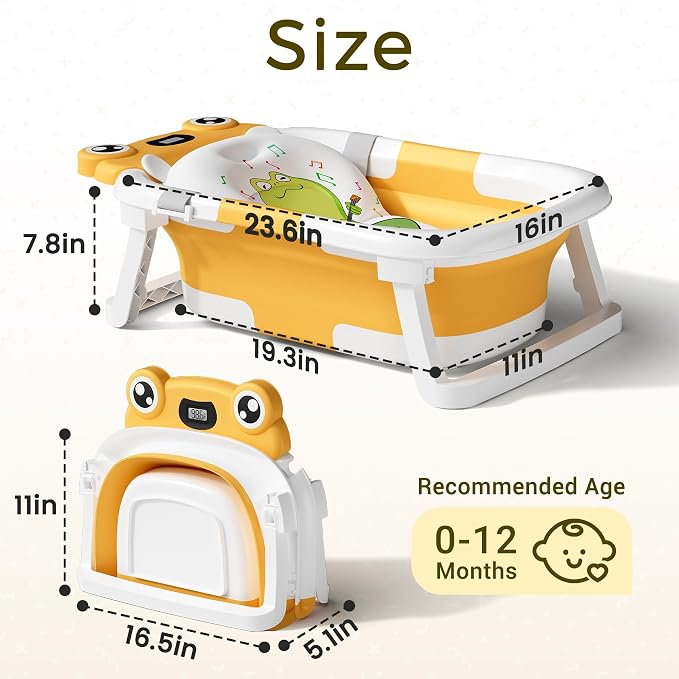 BUNWAG Baby Bathtub, Collapsible Newborn Bathtub for Infant to Toddler with Soft Cushion and Thermometer,Portable Travel Newborn Tub with No-Slip Feet, Baby Shower Gifts, 0-12 Months Baby Bath, Yellow