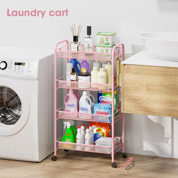 TOOLF 4 Tier Rolling Cart, Metal Utility Storage Cart with Wheels, Pink | 3 Hooks, Screwless Assembly, Trolley Organizer for Bathroom, Kitchen, Office, Nursery, Dorm, Laundry Room