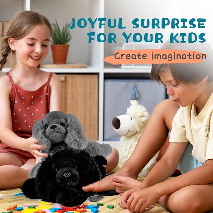 Plush Puppy Dog Set - 2 Pack 10 Inch Soft & Fluffy Stuffed Animal Dogs, Huggable Black & Gray Plush Puppies, Cuddly Toy Gift for Kids & Dog Lovers, Machine Washable & Ultra-Soft