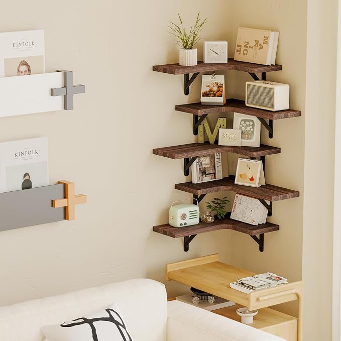 Fixwal Conner Shelves Wall Mounted for Decor, Walnut Brown Set of 5 | Solid wood shelf with metal brackets, holds 40 lbs. Optimizes corner storage. Fits bathroom, kitchen, bedroom & living room.