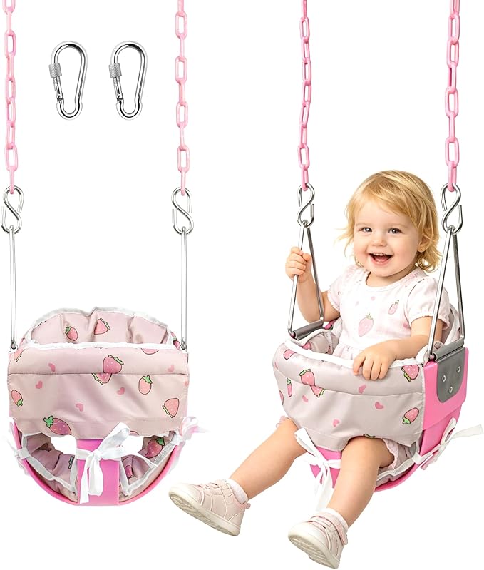 Take Me Away Pink Swing Seat - Heavy Duty High Back Full Bucket Toddler Swing Seat Chain Plastic Coated Baby Swing Outdoor - Playground Swing Set Accessories Replacement