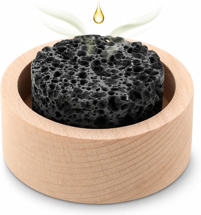 Baluue Passive Essential Oil Diffuser Lava Rock with Wood Base Small Personal Aromatherapy Stone for Essential Oils Desk Office Nightstand Car and Sauna