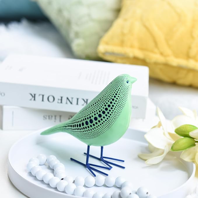 Quoowiit Bird Figurine, Modern Sculpture and Statues for Home Decor, Animal Statues for Bookshelf, Table, Entryway, Fireplace, Resin Decorative Sculpture with Chic Polka Dots Art Design (Green)