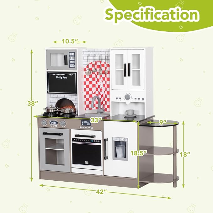 BRINJOY Play Kitchen Set for Kids, Wooden Toddler Kitchen Playset w/Curtains, Coffee Maker, Stove,Sink, Utensils, Light & Sound, Kids Pretend Play Kitchen Toy Set Gift for Girls Boys