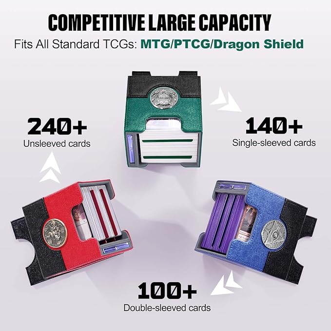 Kabinka Commander Deck Box for MTG with Metal Emblem, Card Deck Box with Dice Tray, Holds 100 Double-Sleeved Cards for PTCG, Cards Storage Case with 35PT Magnetic Card Holder (Black& Green, Leopard)