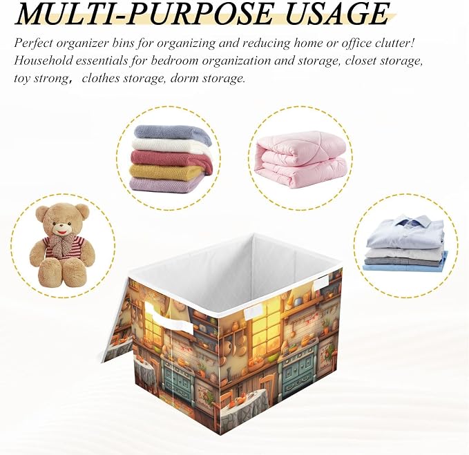 Rustic Kitchen Pattern Storage Bins with Lids and Carrying Handle,Foldable Storage Boxes Organizer Containers Baskets Cube with Cover for Home Bedroom Closet Office
