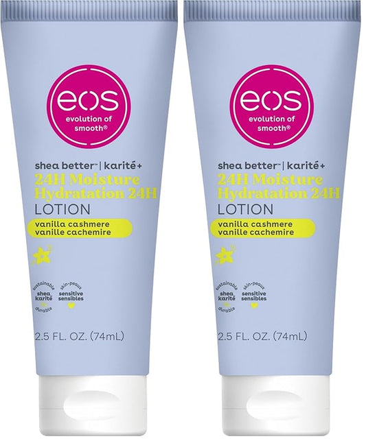 eos 24H Moisture Travel Body Lotion- Vanilla Cashmere,Travel Size Essential,Toiletries,Mini Body Lotion For Dry Skin,2.5 fl oz,(Pack of 2)