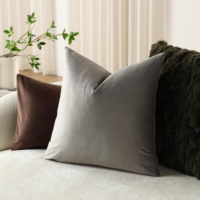 Throw Pillow Covers 16x16 Light-Grey: Pack of 2 Cozy Soft Velvet Square Modern Luxury Decorative Throw Pillow Cases for Sofa Couch Living Room Bed Home Decor