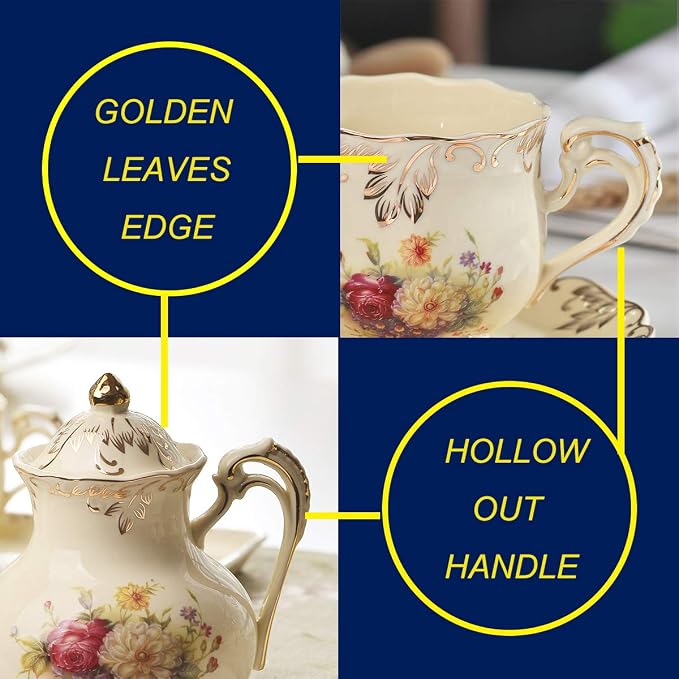 YOLIFE Porcelain Tea Set, Vintage Flowering Shrubs Teapot and Cups Set for Tea Party, Birthday Gifts for Mom Adults Women Wedding