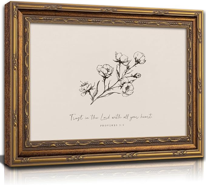 Vintage Gold Framed Floral Wall Art, Christian Bible Verse, 16 x 24 in | Sketch floral scripture canvas for living rooms, bedrooms, hallways, prayer spaces, churches, or meaningful Christian gifts.