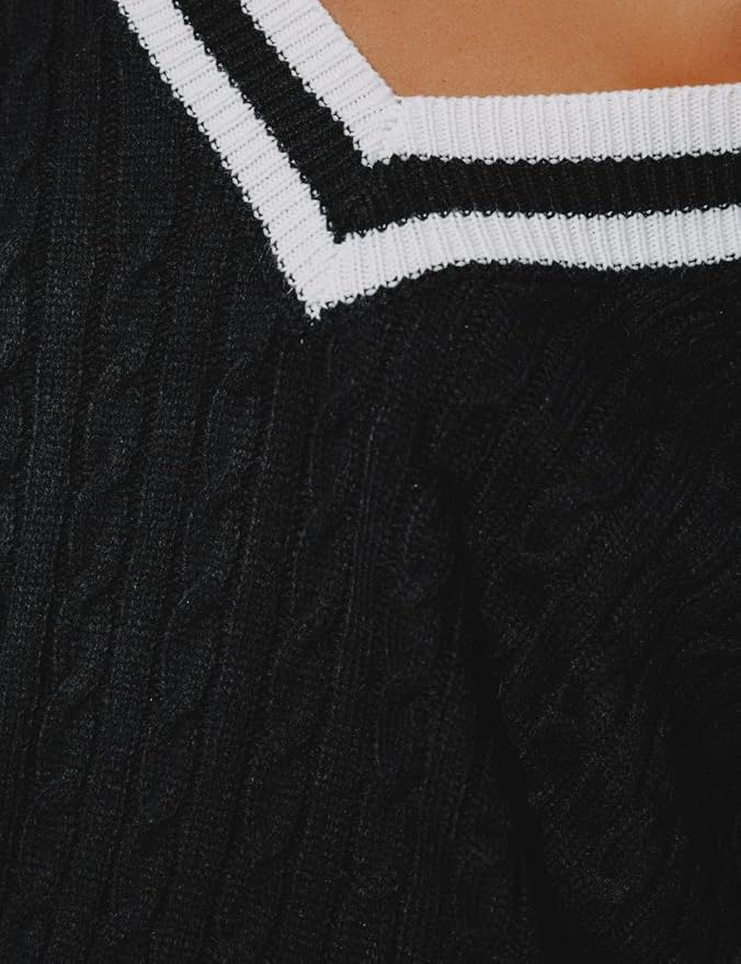 InterNos Women's Casual V Neck Long Sleeve Sweater Trendy Striped Pullover Cable Knit Preppy Sweaters