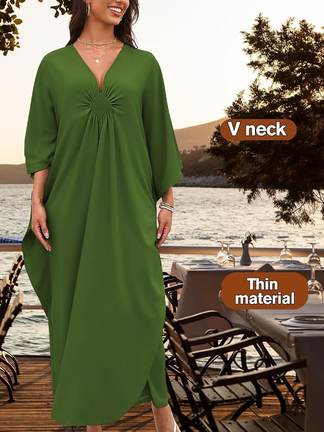 ChiaoLezhee Print Moo-Moos for Women, Kaftan Cover-Up Dresses, Sexy V-Neck High-Slit, Beach Pool-Party Coverups Muumuu Plus